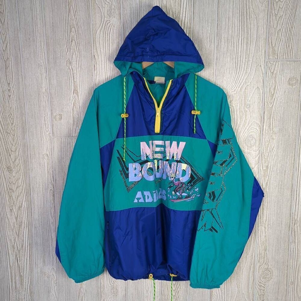 Vintage Adidas Mens Medium New Bound Anorak Jacket Streetwear Blue Green Hooded